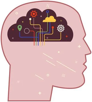 Human head with thoughts in shape of cloud. Person in process of thinking with Stock Illustration