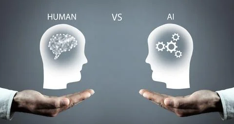 Human head VS Ai. Human intelligence vs artificial intelligence Stock Photos