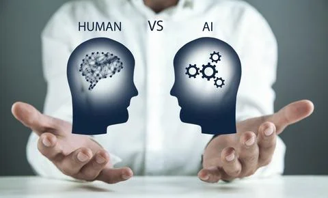Human head VS Ai. Human intelligence vs artificial intelligence Stock Photos