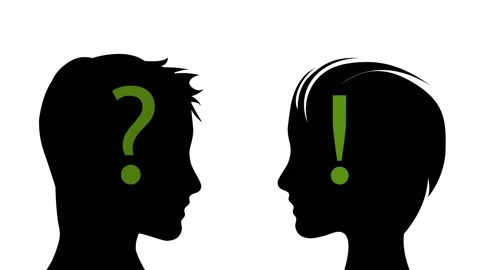 Human heads in silhouette with question marks and exclamation marks. Concept Stock Footage 168102143
