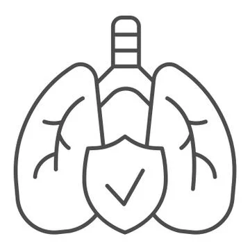 Human healthy lungs thin line icon. Approved respiratory health with shield イラスト素材