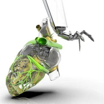 Human heart 3d model with a robot hand 3d rendering Illustrazione stock