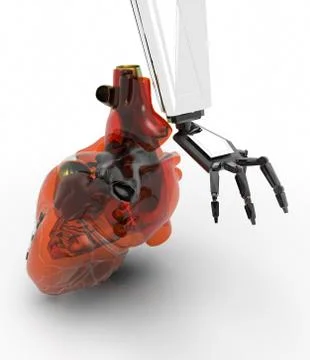 Human heart 3d model with a robot hand 3d rendering Stock Illustration