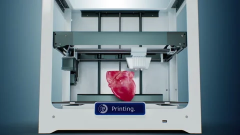 Human Heart at 3d Printer Working Process. Making Cardiac Implant Printing Stock Footage 220786695