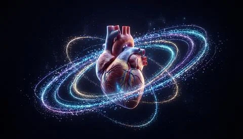 Human heart anatomical model orbit space stardust sparkle mystical health car Stock Illustration