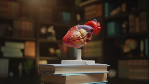Human heart model rotating slowly at the library on a stack of books, 4K footage Stock Footage 302551631