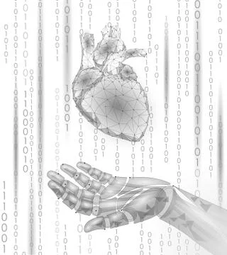 Human heart robot android hand low poly. Polygonal geometric particle design. Illustrazione stock
