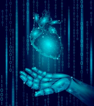 Human heart robot android hand low poly. Polygonal geometric particle design. イラスト素材