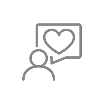 Human with heart in speech bubble line icon. Dialogue about love, like, feedback Illustrazione stock