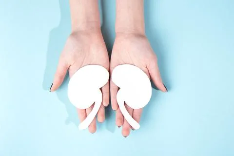 Human hold model of a human kidney made of white paper on a blue background Stock Photos