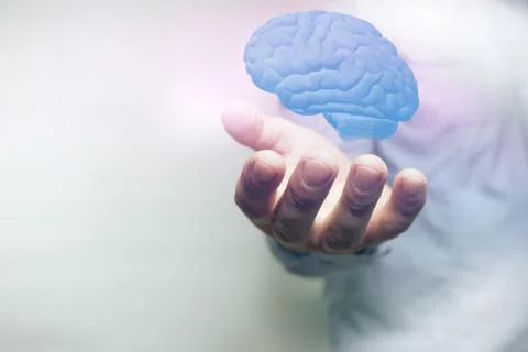 Human holding brain in palm. Mixed media. 스톡 사진