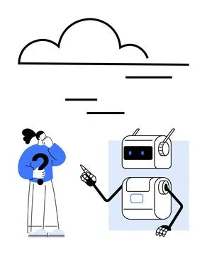Human Holding Question Mark, Robot Pointing Under Cloud Represents AI Assis.. Stock Illustration