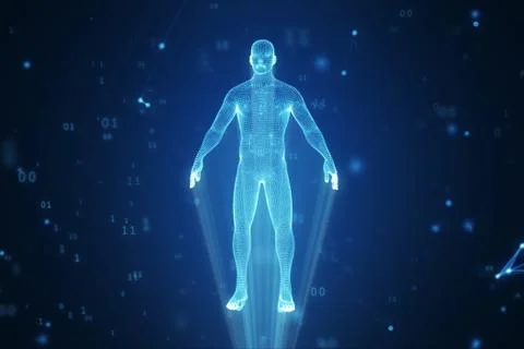 Human hologram from points and polygons in a cloud of binary code and connect Stock Illustration
