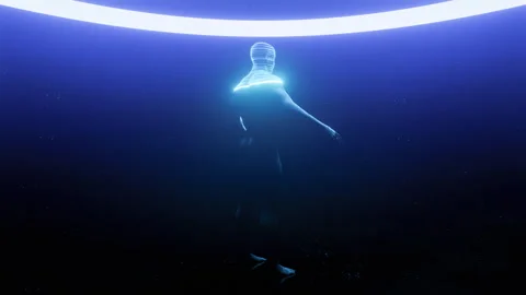 Human Hologram Rotates In A Dark Space 3D Animation Stock-Footage 255162084