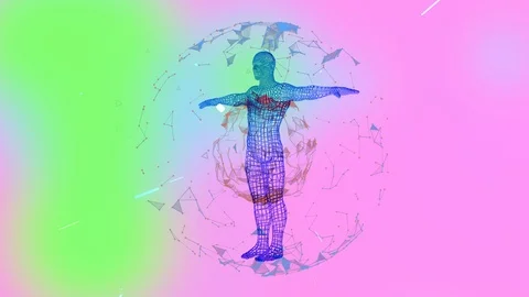 Human hologram wireframe model rotating inside a plexus sphere over pink and Stock Footage 124154272