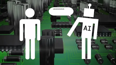 Human icon appearing, human and AI robot scaling, exchanging bubbles showing Stock Footage 335651799
