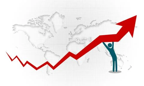 Human icon pushing the arrow trend upward on a world map background Stock Illustration