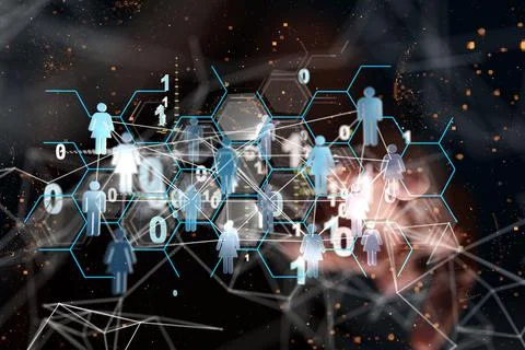 Human icons on hexagon patterns - Global network concept Stock Photos