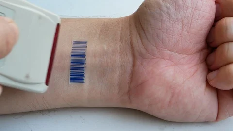Human with implant micro chip scanning barcode imprinted on his hand Stock Footage 119195257