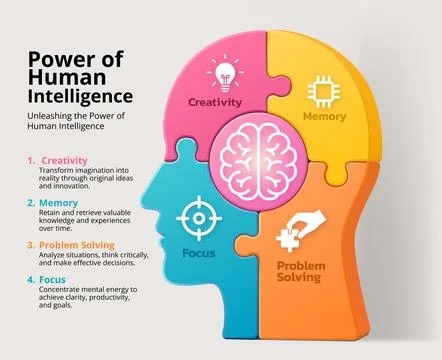 Human intelligence infographic in puzzle head shape. Four colorful sections.. Stock Illustration