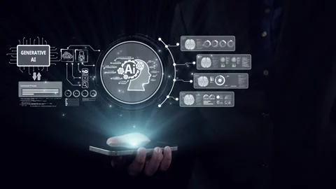 Human interact with AI artificial intelligence brain process generative AI UUID Video stock 283886323