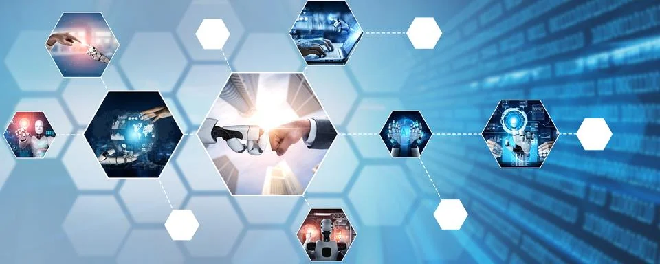 Human interact with AI artificial intelligence virtual assistant NLP robot Stock Photos