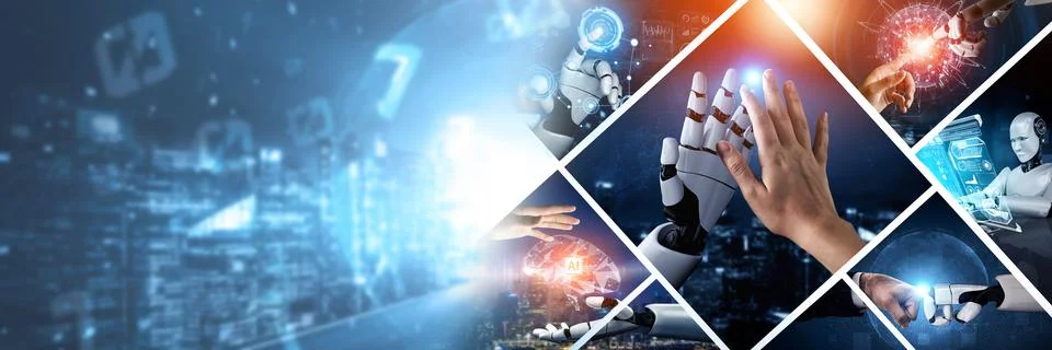 Human interact with AI artificial intelligence virtual assistant NLP robot Stock Photos