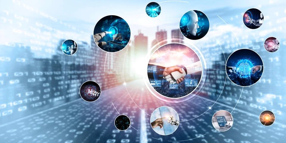 Human interact with AI artificial intelligence virtual assistant NLP robot Stock Photos