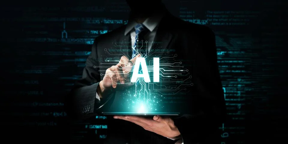Human interact with AI artificial intelligence brain processor generative AI NLP Stock Photos