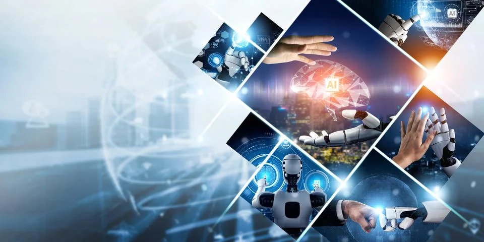 Human interact with AI artificial intelligence virtual assistant NLP robot Stock Photos