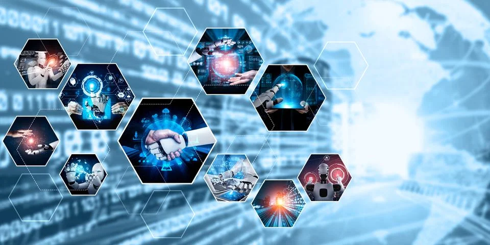 Human interact with AI artificial intelligence virtual assistant NLP robot Stock Photos