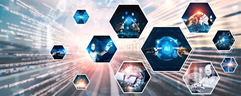 Human interact with AI artificial intelligence virtual assistant NLP robot Stock Photos