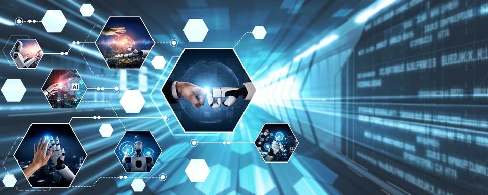 Human interact with AI artificial intelligence virtual assistant NLP robot Stock Photos