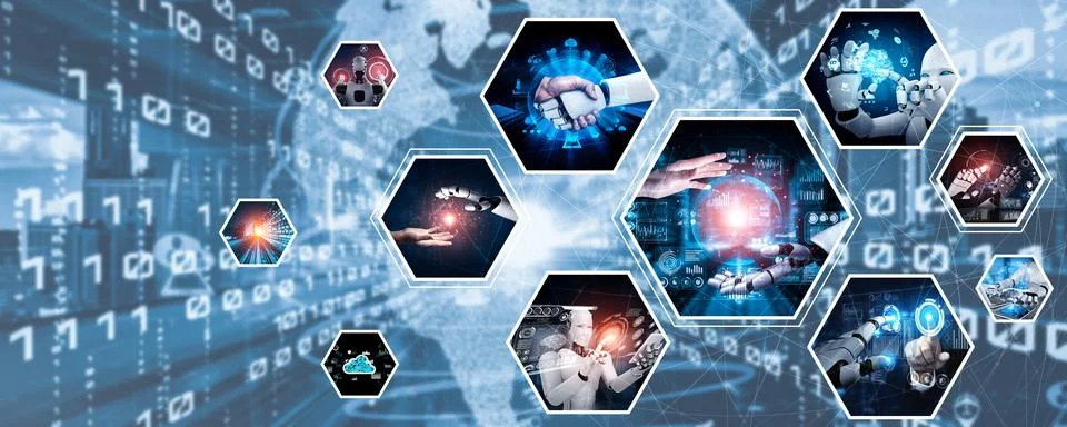 Human interact with AI artificial intelligence virtual assistant NLP robot Stock Photos