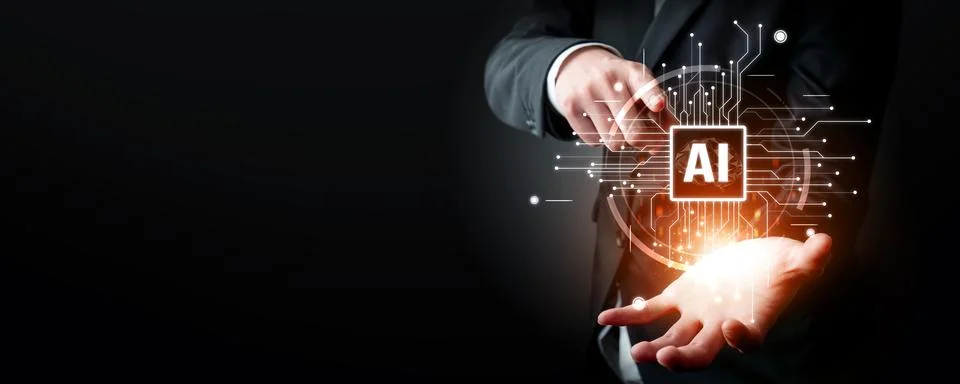 Human interact with AI artificial intelligence brain processor generative AI NLP Stock Photos