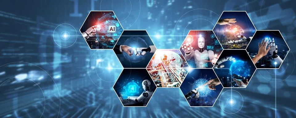 Human interact with AI artificial intelligence virtual assistant NLP robot Stock Photos