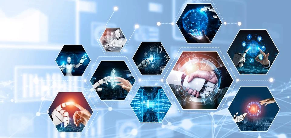 Human interact with AI artificial intelligence virtual assistant NLP robot Foto stock