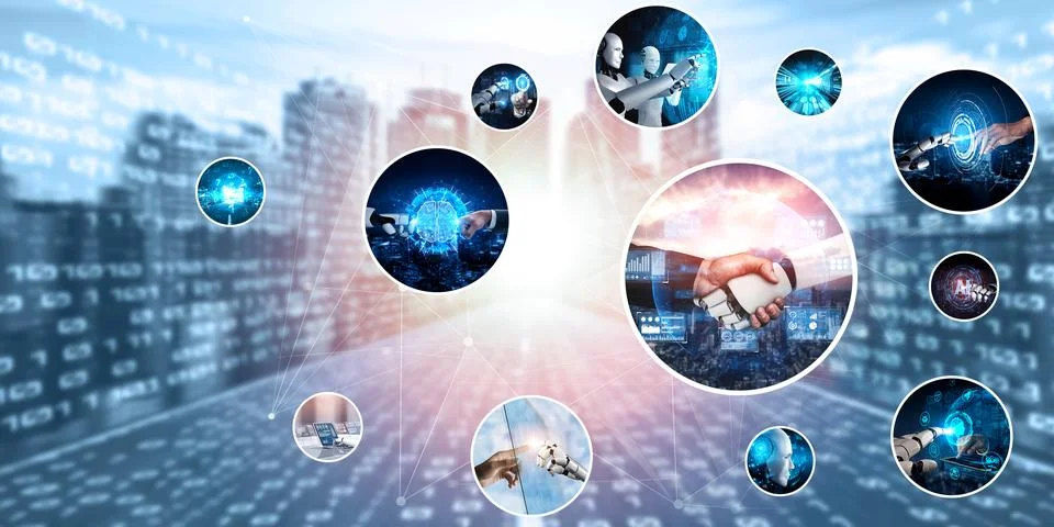 Human interact with AI artificial intelligence virtual assistant NLP robot Foto stock