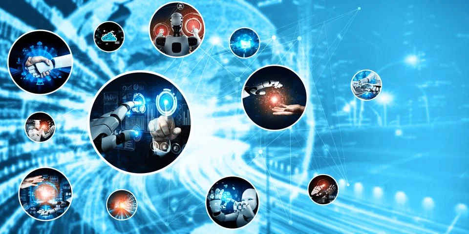 Human interact with AI artificial intelligence virtual assistant NLP robot Foto stock