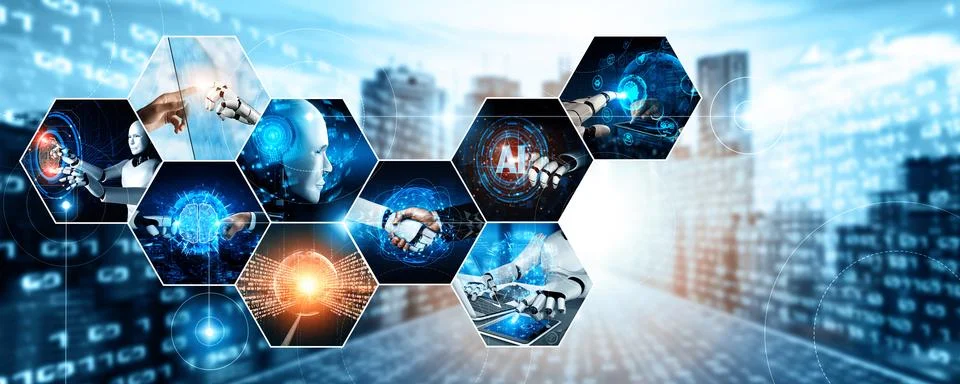 Human interact with AI artificial intelligence virtual assistant NLP robot Foto stock