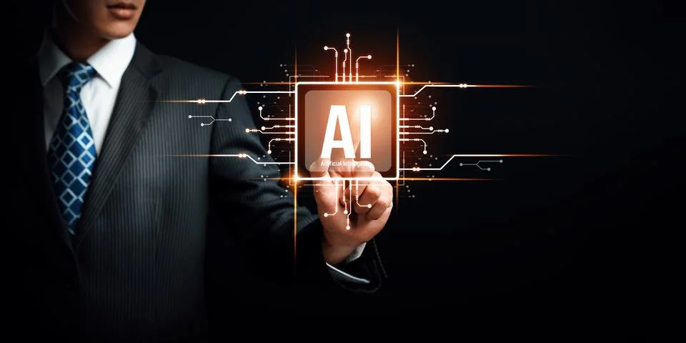 Human interact with AI artificial intelligence brain processor generative AI NLP Stock Photos