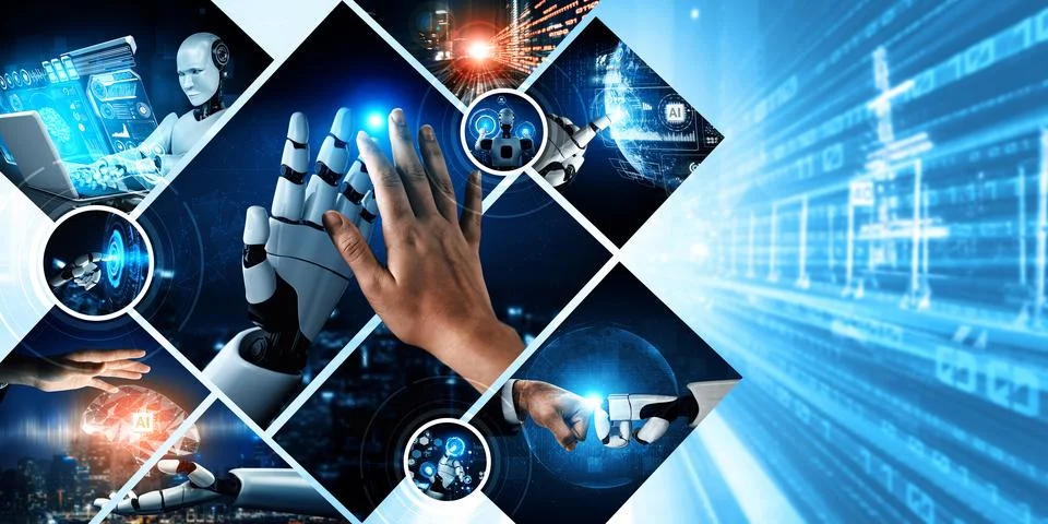 Human interact with AI artificial intelligence virtual assistant NLP robot Stock Photos