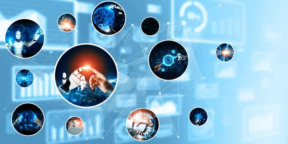 Human interact with AI artificial intelligence virtual assistant NLP robot Stock Photos