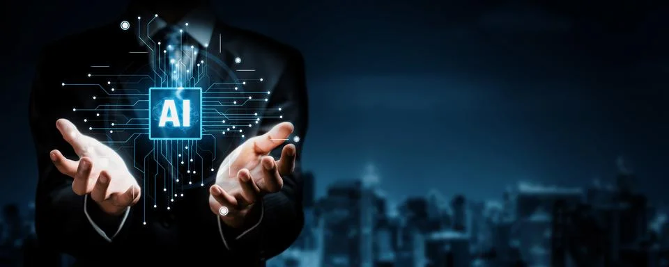 Human interact with AI artificial intelligence brain processor generative AI NLP Stock Photos