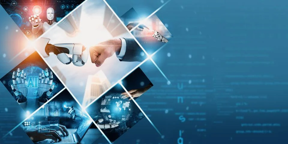 Human interact with AI artificial intelligence virtual assistant NLP robot Stock Photos