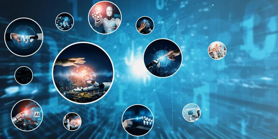 Human interact with AI artificial intelligence virtual assistant NLP robot 스톡 사진