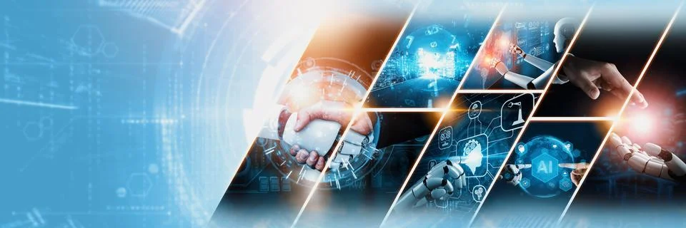 Human interact with AI artificial intelligence virtual assistant NLP robot Stock Photos