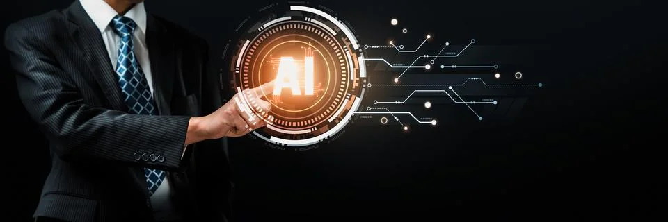 Human interact with AI artificial intelligence brain processor generative AI NLP Stock Photos