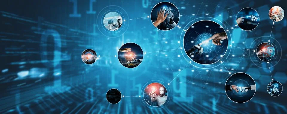 Human interact with AI artificial intelligence virtual assistant NLP robot Stock Photos