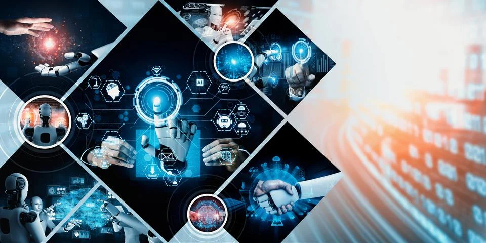 Human interact with AI artificial intelligence virtual assistant NLP robot Stock Photos